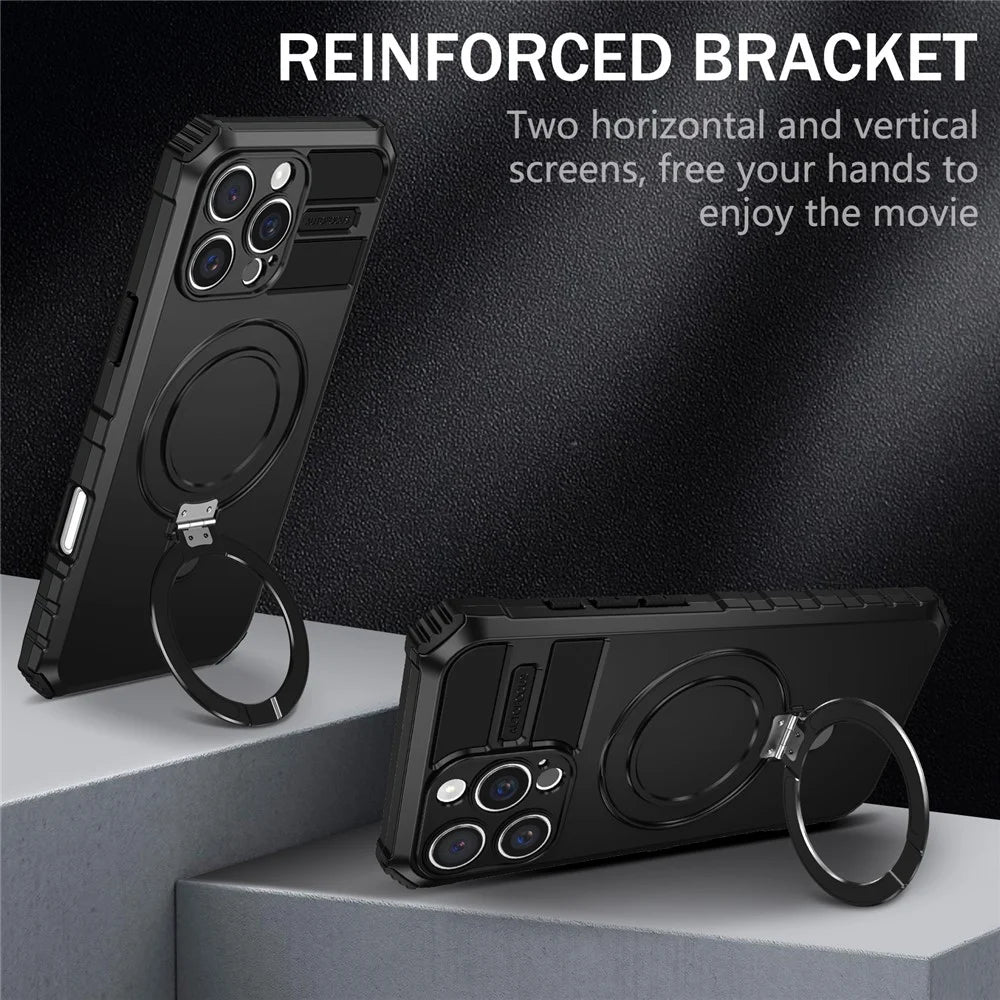 For iPhone 16 Pro Max Magnetic Case Ring Kickstand PC+TPU Drop-Proof Protective Cover - Black - 3