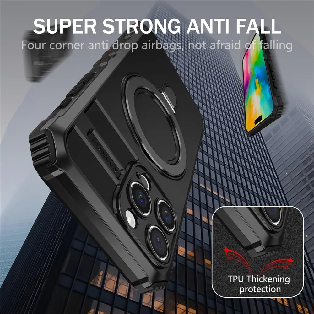 For iPhone 16 Pro Max Magnetic Case Ring Kickstand PC+TPU Drop-Proof Protective Cover - Black - 4