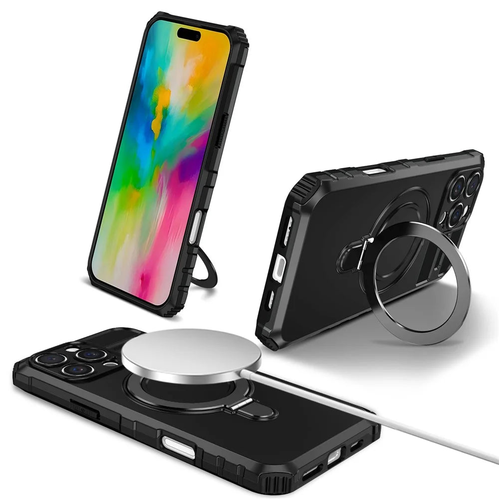 For iPhone 16 Pro Case Compatible with MagSafe  PC+TPU Phone Cover Ring Kickstand - Black - 1