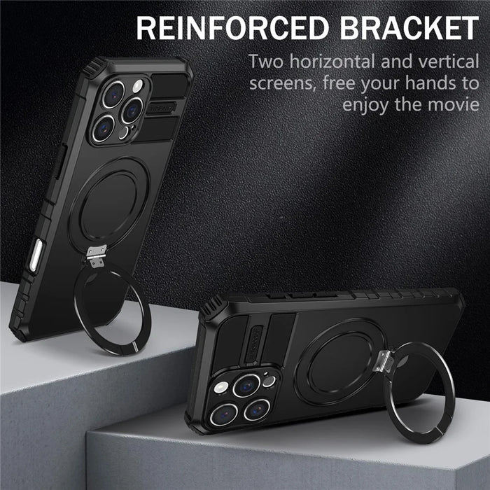 For iPhone 16 Pro Case Compatible with MagSafe  PC+TPU Phone Cover Ring Kickstand - Black - 3