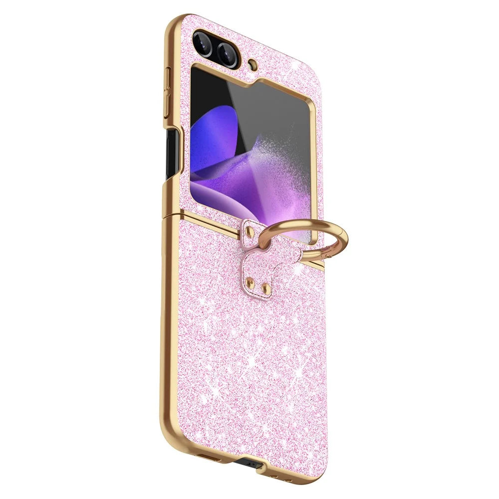 For Samsung Galaxy Z Flip7 FE 5G / Z Flip6 5G Case Glitter Leather+PC Electroplating Phone Cover Ring Kickstand - Pink - 1