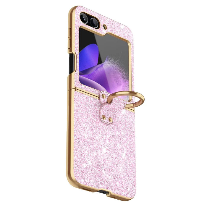For Samsung Galaxy Z Flip7 FE 5G / Z Flip6 5G Case Glitter Leather+PC Electroplating Phone Cover Ring Kickstand - Pink - 1