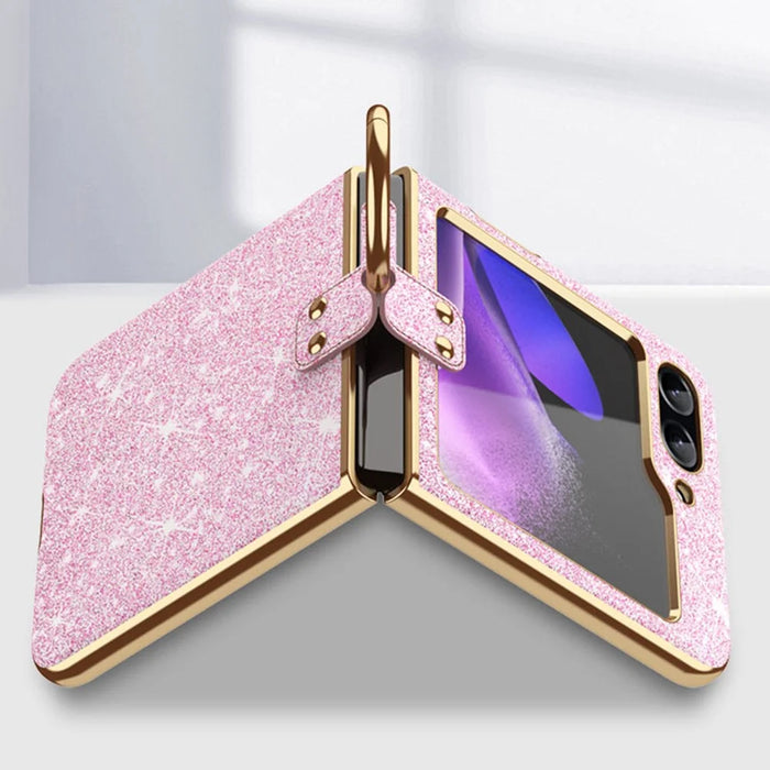 For Samsung Galaxy Z Flip7 FE 5G / Z Flip6 5G Case Glitter Leather+PC Electroplating Phone Cover Ring Kickstand - Pink - 3