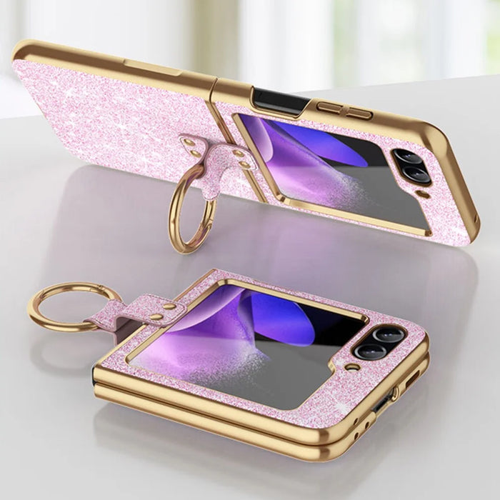 For Samsung Galaxy Z Flip7 FE 5G / Z Flip6 5G Case Glitter Leather+PC Electroplating Phone Cover Ring Kickstand - Pink - 4