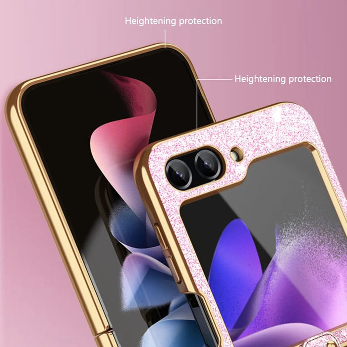 For Samsung Galaxy Z Flip7 FE 5G / Z Flip6 5G Case Glitter Leather+PC Electroplating Phone Cover Ring Kickstand - Pink - 6