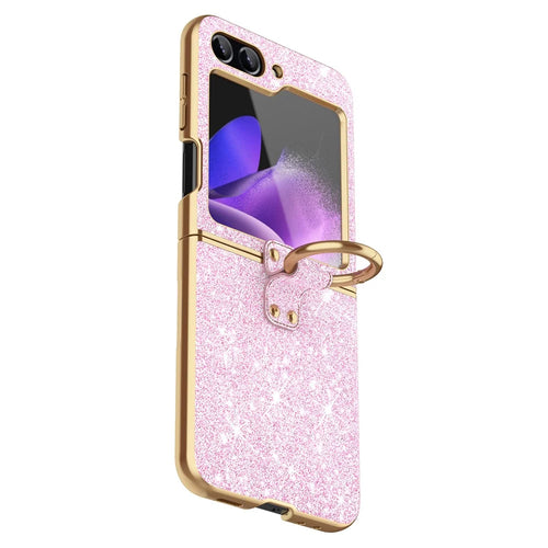For Samsung Galaxy Z Flip5 5G Case PU Leather+PC Glitter Phone Cover Ring Holder - Pink - 1