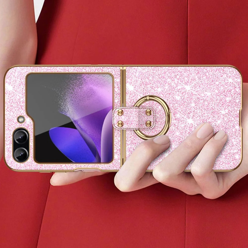 For Samsung Galaxy Z Flip5 5G Case PU Leather+PC Glitter Phone Cover Ring Holder - Pink - 7