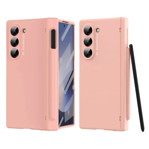 Macaron Series For Samsung Galaxy Z Fold6 5G Case PU Leather+PC Protective Phone Cover with Stylus - Pink - 1