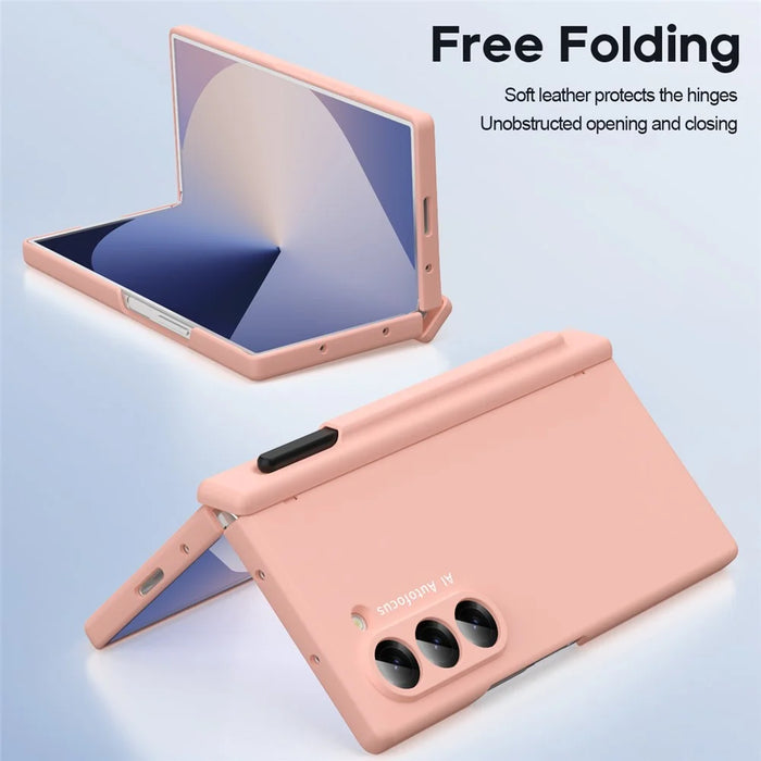 Macaron Series For Samsung Galaxy Z Fold6 5G Case PU Leather+PC Protective Phone Cover with Stylus - Pink - 5