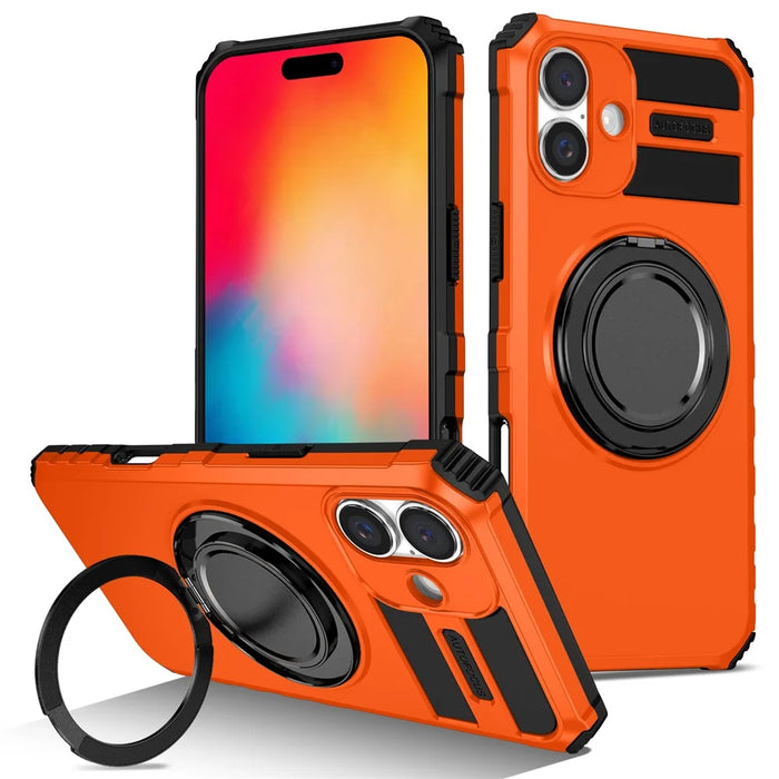 For iPhone 16 Case Compatible with MagSafe Rotary Kickstand Anti-Drop TPU+PC Phone Cover - Orange - 1