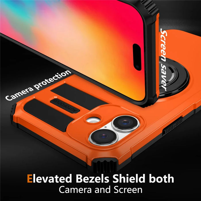 For iPhone 16 Case Compatible with MagSafe Rotary Kickstand Anti-Drop TPU+PC Phone Cover - Orange - 2