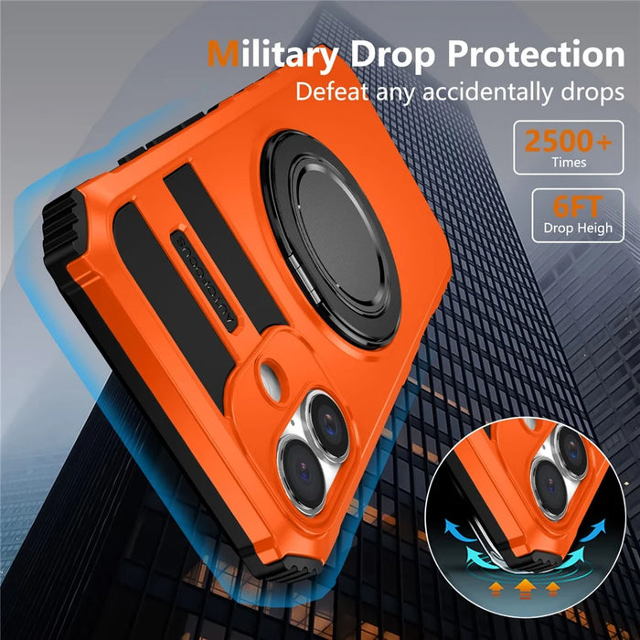 For iPhone 16 Case Compatible with MagSafe Rotary Kickstand Anti-Drop TPU+PC Phone Cover - Orange - 3