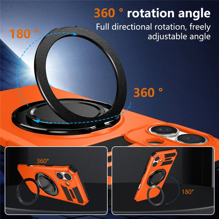 For iPhone 16 Case Compatible with MagSafe Rotary Kickstand Anti-Drop TPU+PC Phone Cover - Orange - 4