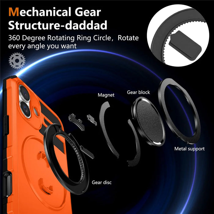 For iPhone 16 Case Compatible with MagSafe Rotary Kickstand Anti-Drop TPU+PC Phone Cover - Orange - 5