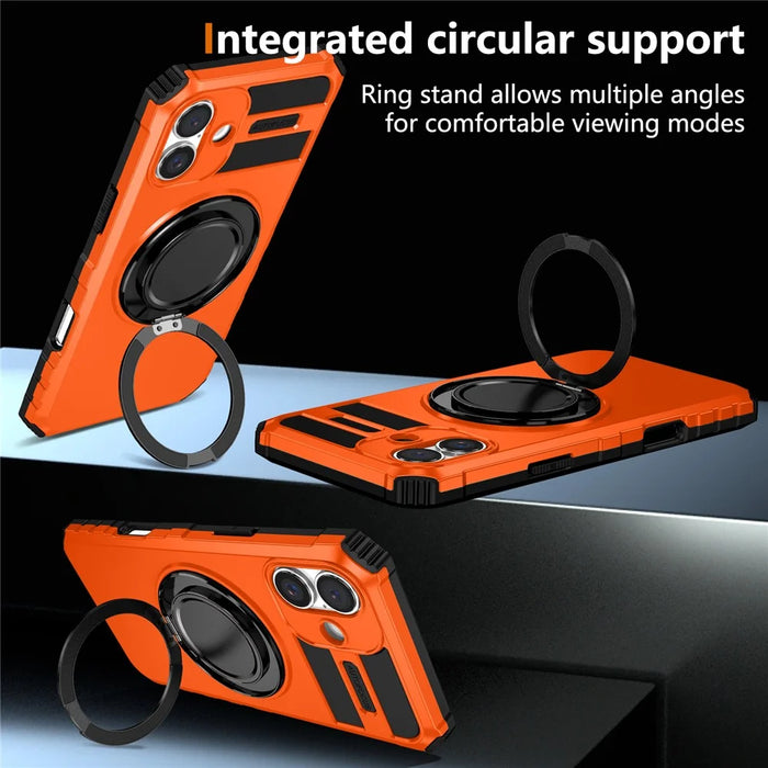 For iPhone 16 Case Compatible with MagSafe Rotary Kickstand Anti-Drop TPU+PC Phone Cover - Orange - 6