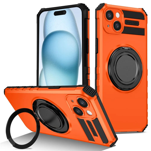 For iPhone 15 Case Compatible with MagSafe Rotary Kickstand Anti-Drop TPU+PC Phone Cover - Orange - 1