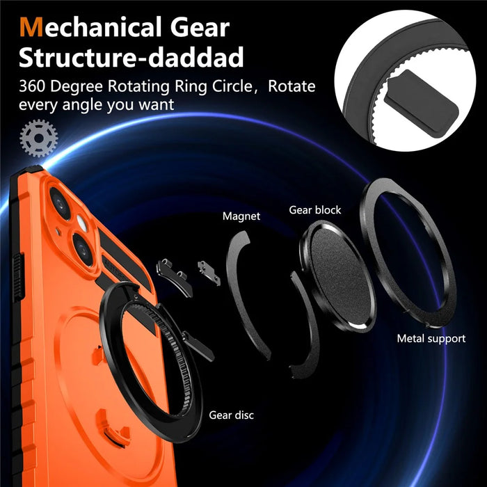 For iPhone 15 Case Compatible with MagSafe Rotary Kickstand Anti-Drop TPU+PC Phone Cover - Orange - 5