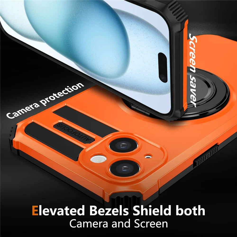 For iPhone 14 Case Compatible with MagSafe Rotary Kickstand Anti-Drop TPU+PC Phone Cover - Orange - 2