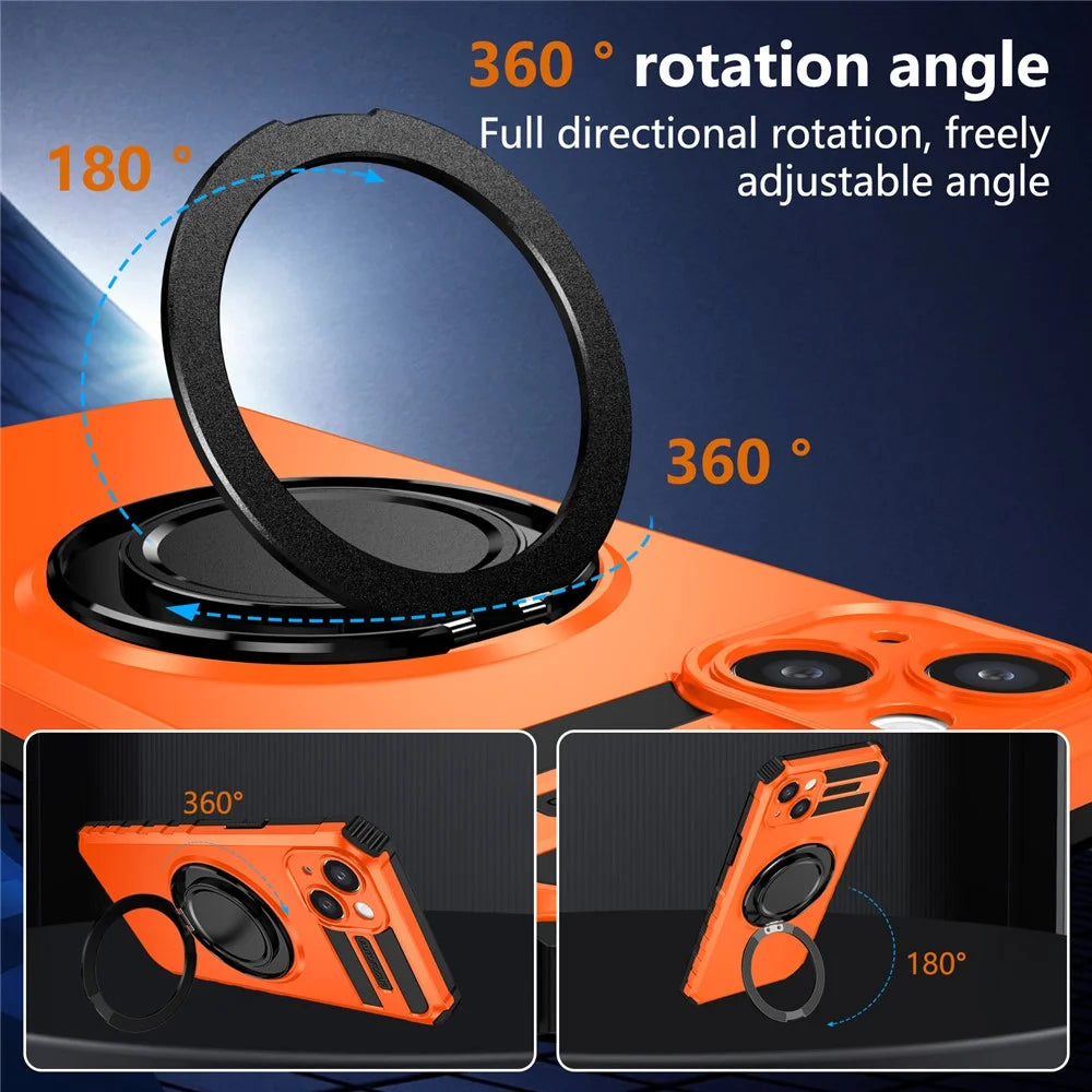 For iPhone 14 Case Compatible with MagSafe Rotary Kickstand Anti-Drop TPU+PC Phone Cover - Orange - 4