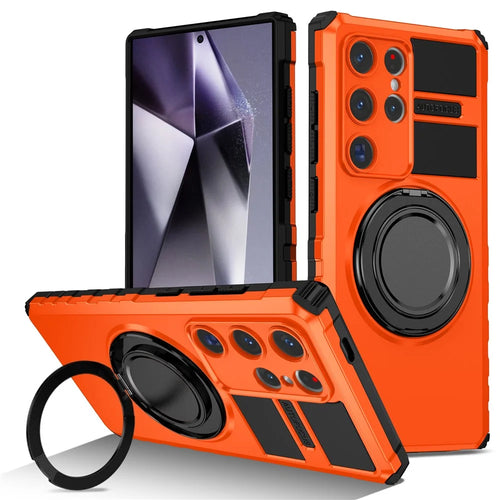 For Samsung Galaxy S24 Ultra Magnetic Case Rotary Kickstand Anti-Drop TPU+PC Phone Cover - Orange - 1