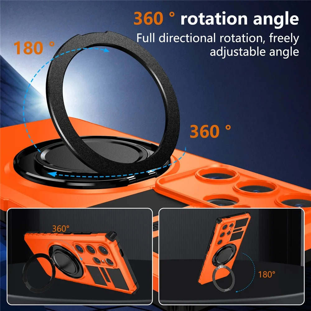 For Samsung Galaxy S24 Ultra Magnetic Case Rotary Kickstand Anti-Drop TPU+PC Phone Cover - Orange - 4