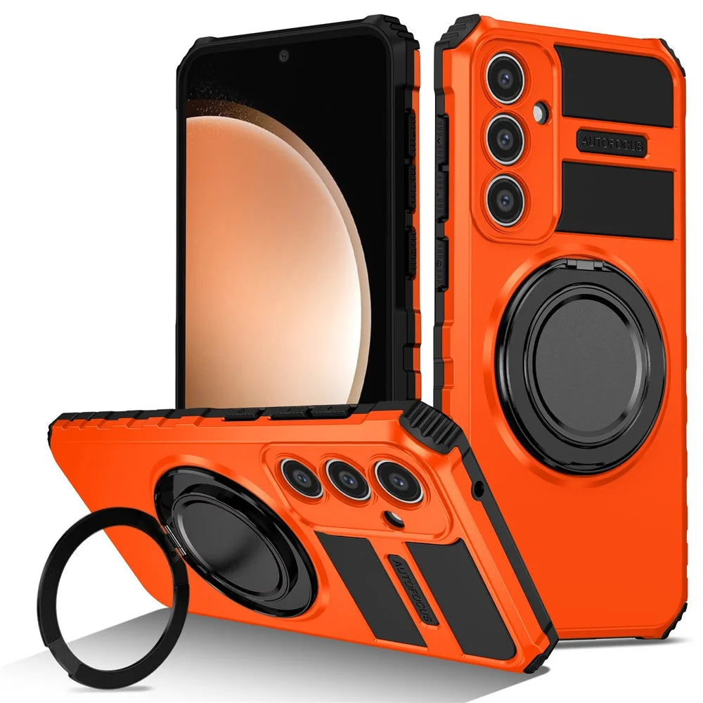 For Samsung Galaxy S23 FE Case Magnetic Case Rotary Kickstand Anti-Drop TPU+PC Phone Cover - Orange - 1