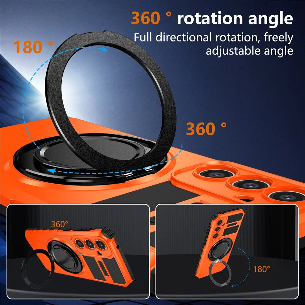For Samsung Galaxy S23 FE Case Magnetic Case Rotary Kickstand Anti-Drop TPU+PC Phone Cover - Orange - 4