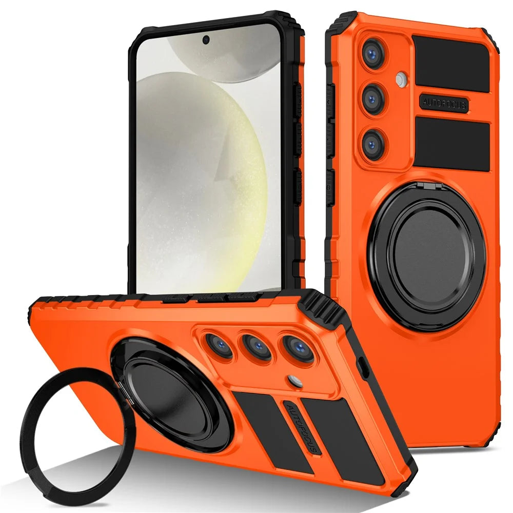 For Samsung Galaxy S24 Case Magnetic Case Rotary Kickstand Anti-Drop TPU+PC Phone Cover - Orange - 1