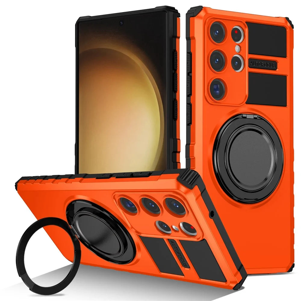 For Samsung Galaxy S23 Ultra Magnetic Case Rotary Kickstand Anti-Drop TPU+PC Phone Cover - Orange - 1