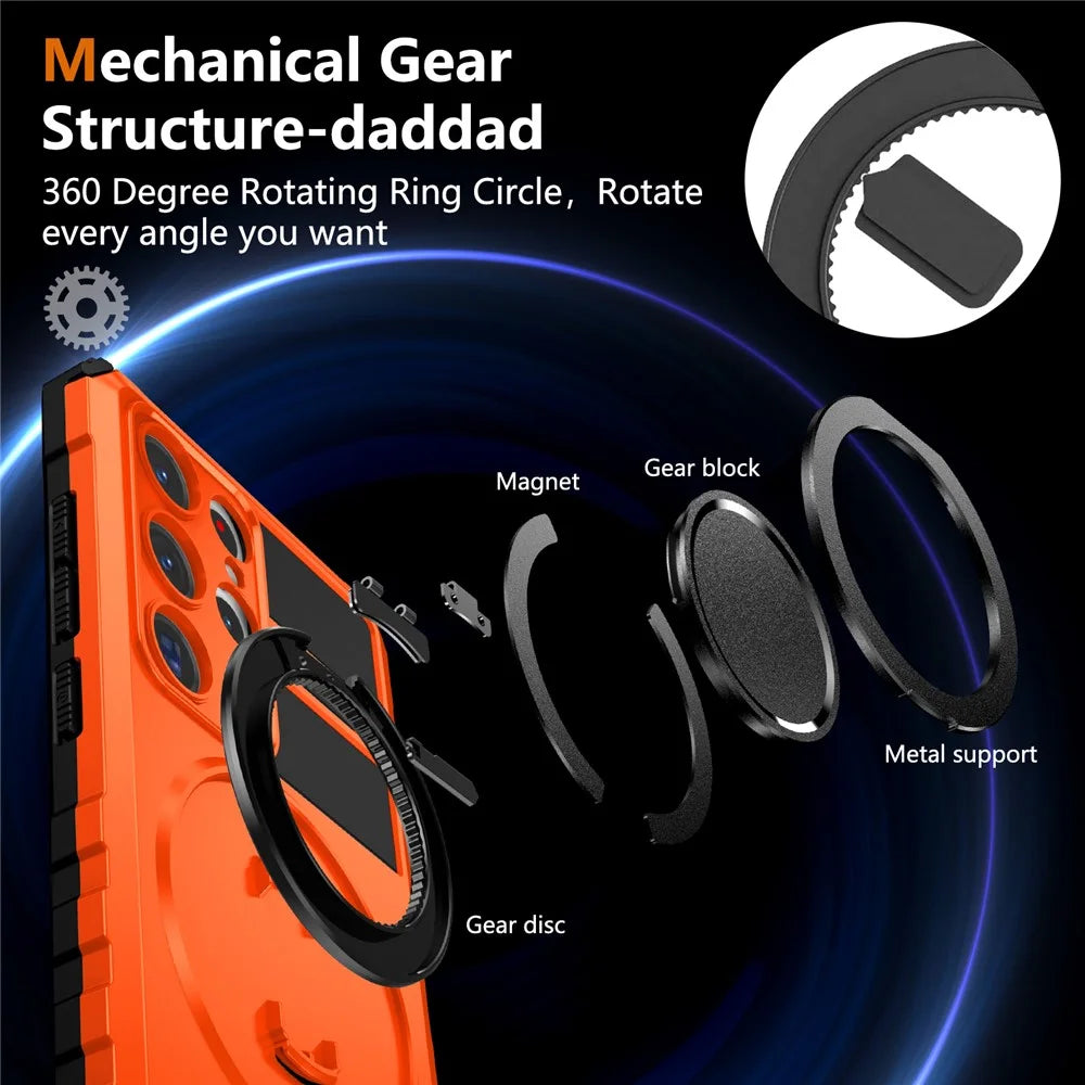 For Samsung Galaxy S23 Ultra Magnetic Case Rotary Kickstand Anti-Drop TPU+PC Phone Cover - Orange - 5