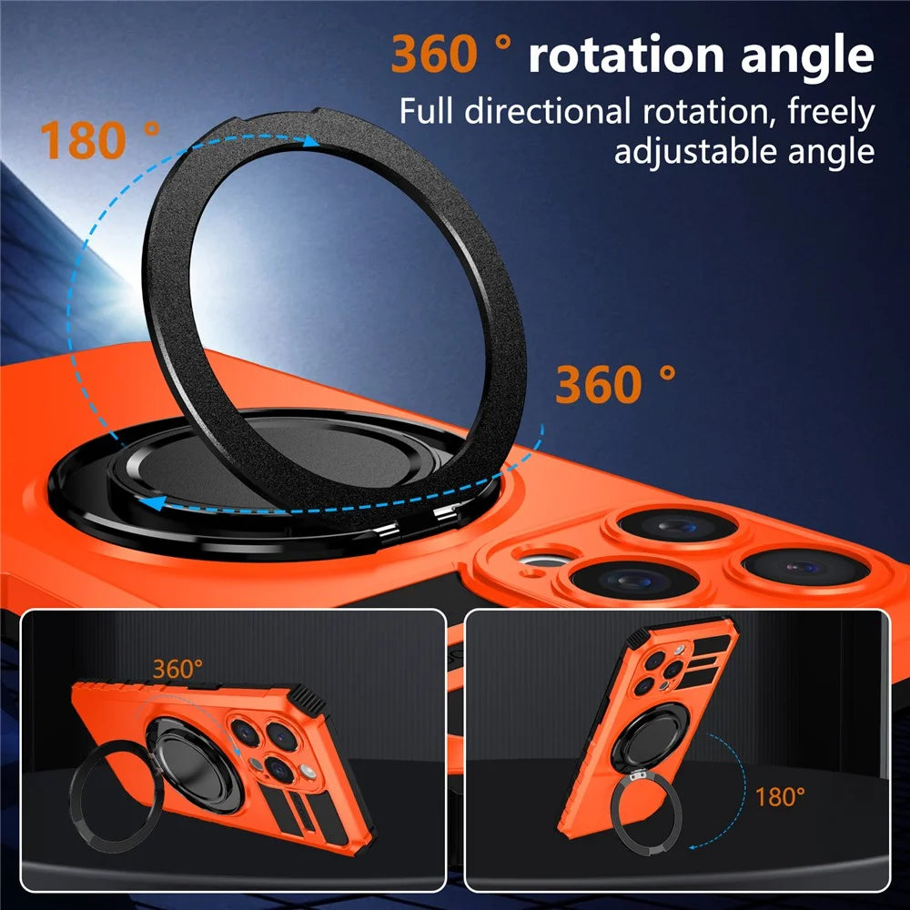 For iPhone 15 Pro Case Compatible with MagSafe Rotary Kickstand Anti-Drop TPU+PC Phone Cover - Orange - 4