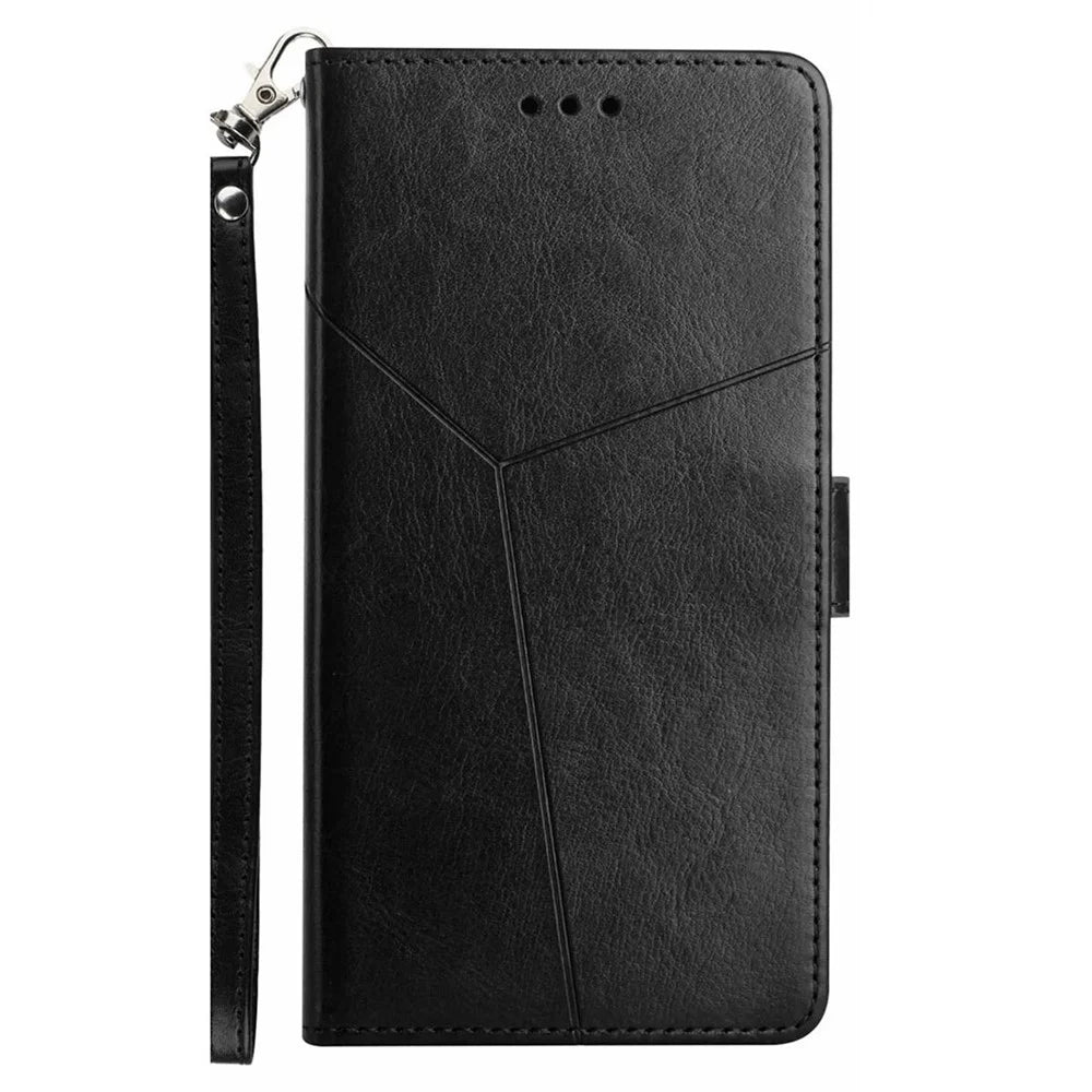 For Samsung Galaxy A16 5G / A16 4G Case with Wrist Strap Y Shaped Lines Imprint Leather Phone Cover - Black - 7