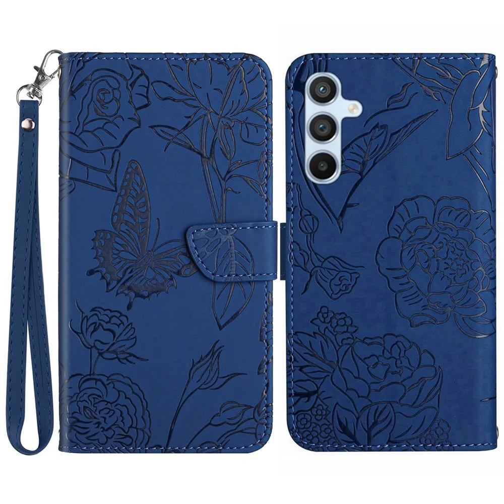 HT03 For Samsung Galaxy A16 5G / A16 4G Phone Case Butterfly Flower Imprint Leather Cover with Strap - Blue - 1