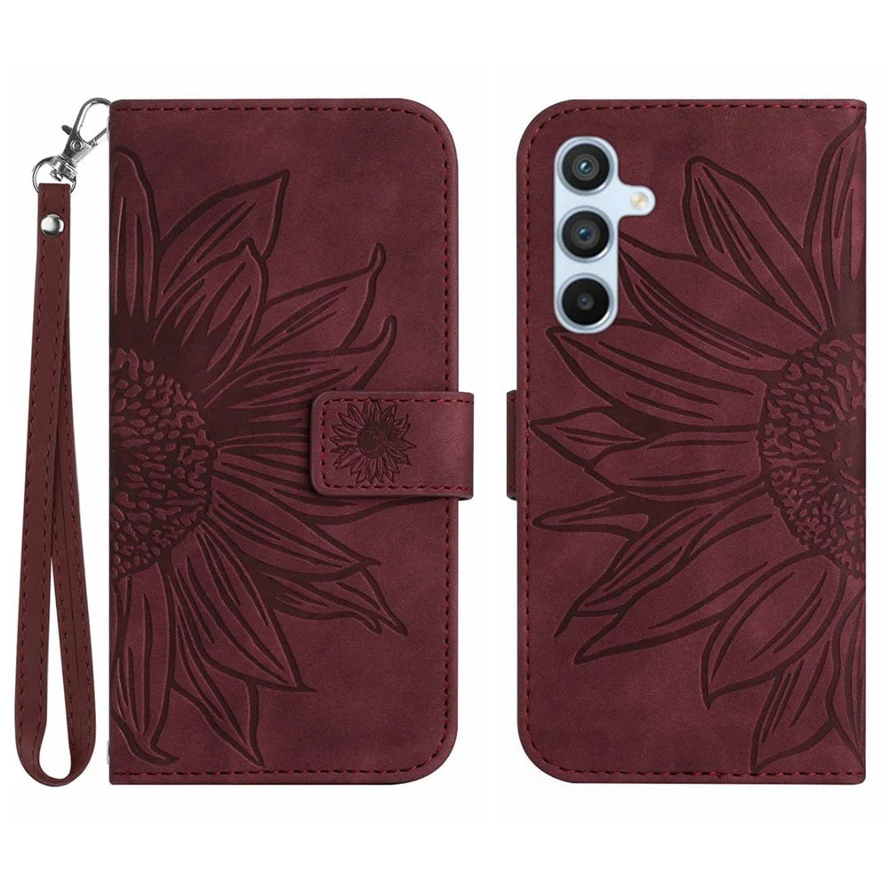 HT04 For Samsung Galaxy A16 5G / A16 4G Wallet Case Sunflower Leather Phone Cover with Wrist Strap - Wine Red - 1