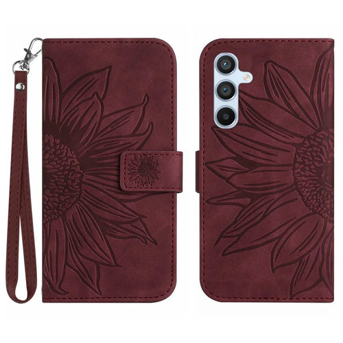HT04 For Samsung Galaxy A16 5G / A16 4G Wallet Case Sunflower Leather Phone Cover with Wrist Strap - Wine Red - 1