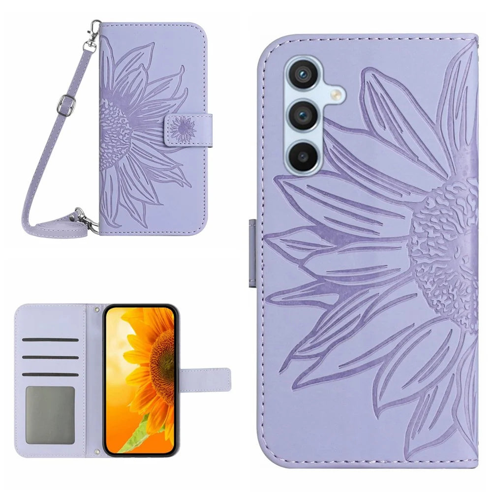 HT04 For Samsung Galaxy A16 5G / A16 4G Case Sunflower Imprint PU Leather Phone Cover with Long Strap - Light Purple - 1
