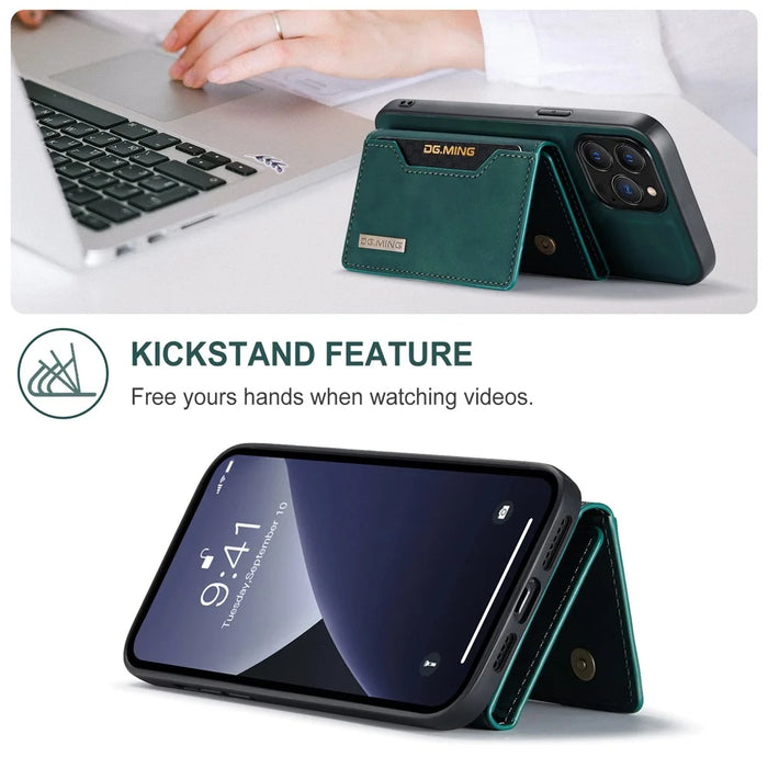 DG.MING M2 Series for iPhone 16 Pro Max Case PU+PC+TPU Phone Cover Detachable Wallet - Green - 6