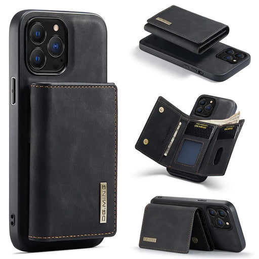 DG.MING M1 Series for iPhone 16 Pro Max Case Kickstand PU Phone Cover with Detachable Wallet - Black - 1