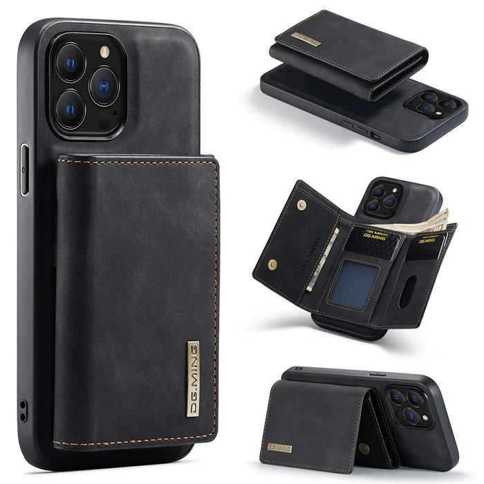 DG.MING M1 Series for iPhone 16 Pro Max Case Kickstand PU Phone Cover with Detachable Wallet - Black - 1