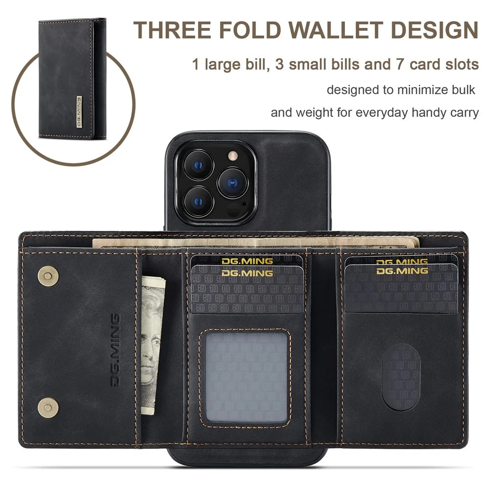 DG.MING M1 Series for iPhone 16 Pro Max Case Kickstand PU Phone Cover with Detachable Wallet - Black - 3