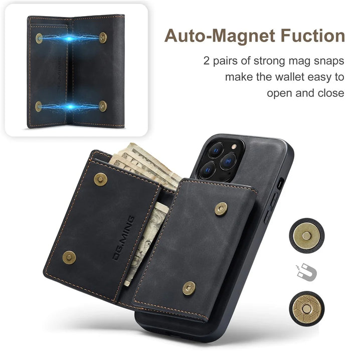 DG.MING M1 Series for iPhone 16 Pro Max Case Kickstand PU Phone Cover with Detachable Wallet - Black - 4