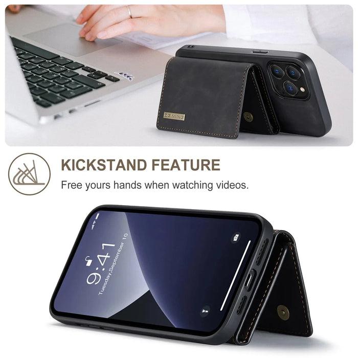 DG.MING M1 Series for iPhone 16 Pro Max Case Kickstand PU Phone Cover with Detachable Wallet - Black - 6