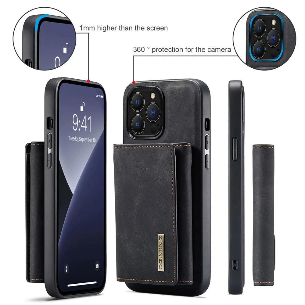 DG.MING M1 Series for iPhone 16 Pro Max Case Kickstand PU Phone Cover with Detachable Wallet - Black - 7