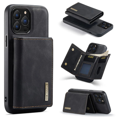 DG.MING M1 Series for iPhone 16 Pro Case Kickstand PU Phone Cover with Detachable Wallet - Black - 1
