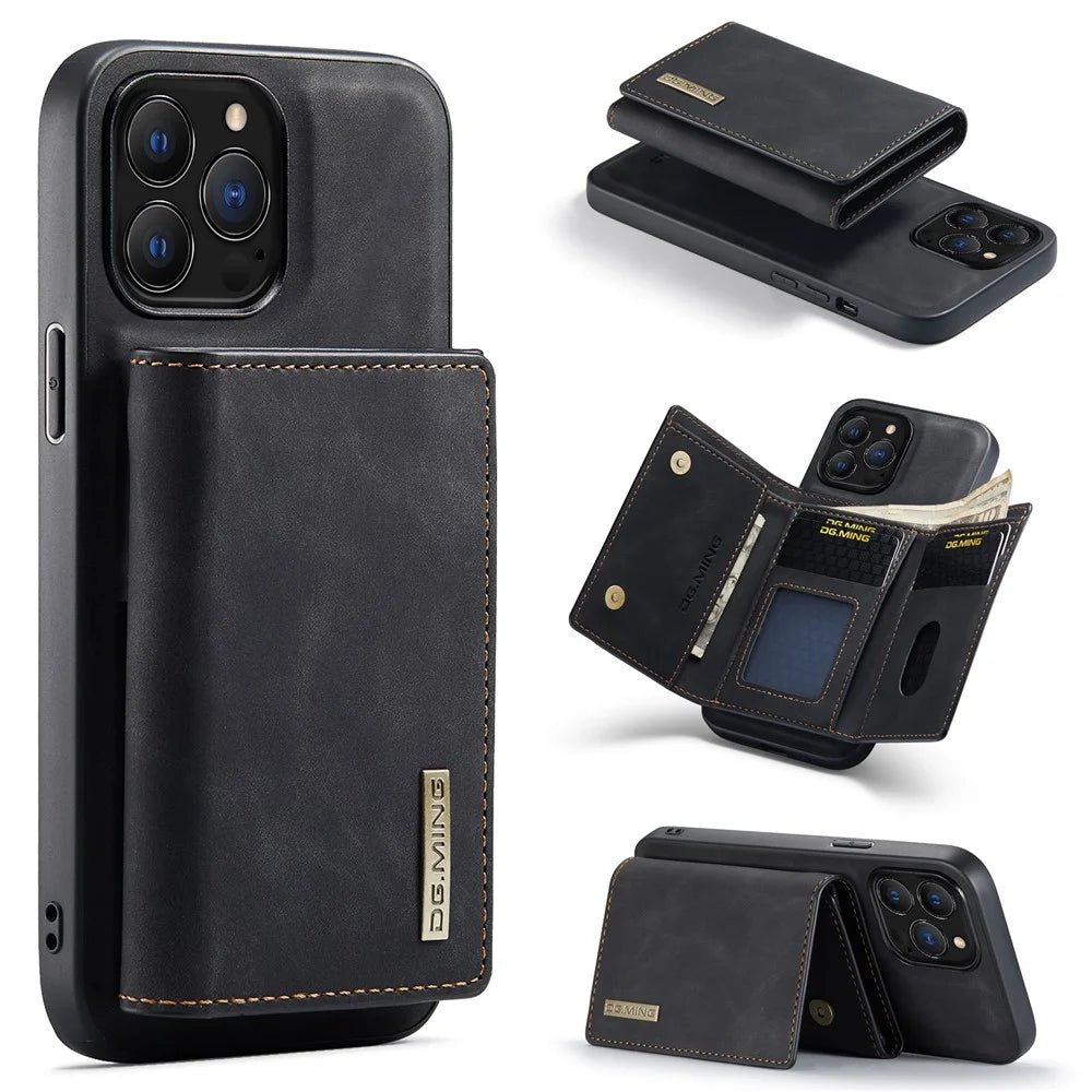 DG.MING M1 Series for iPhone 16 Pro Case Kickstand PU Phone Cover with Detachable Wallet - Black - 1