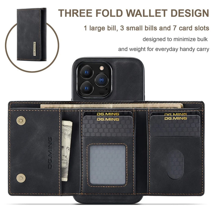 DG.MING M1 Series for iPhone 16 Pro Case Kickstand PU Phone Cover with Detachable Wallet - Black - 3