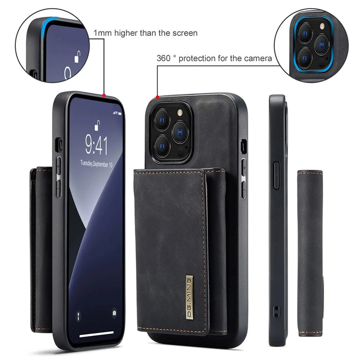 DG.MING M1 Series for iPhone 16 Pro Case Kickstand PU Phone Cover with Detachable Wallet - Black - 7