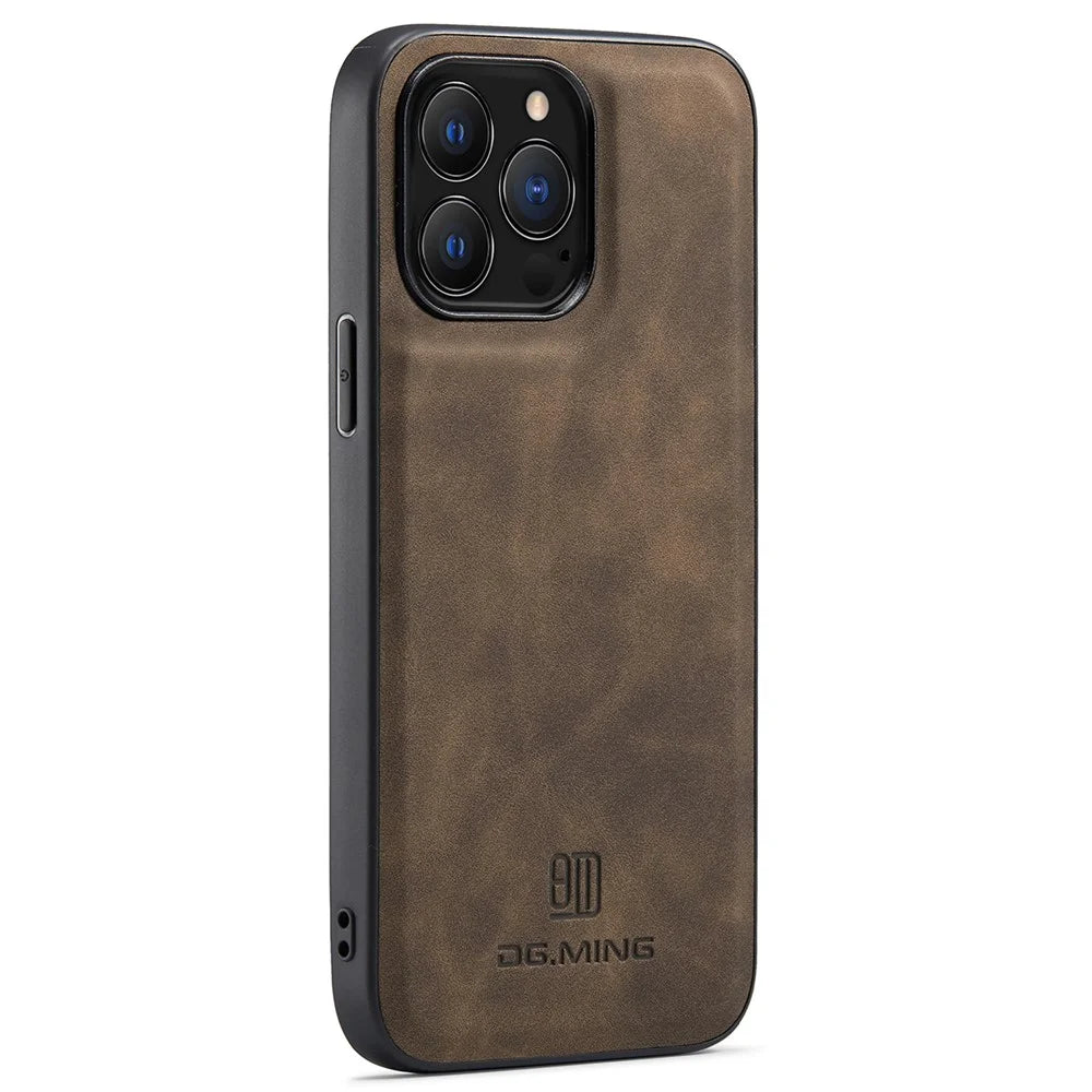 DG.MING For iPhone 16 Pro Case PU Leather Covered PC+TPU Hybrid Phone Shell - Coffee - 1