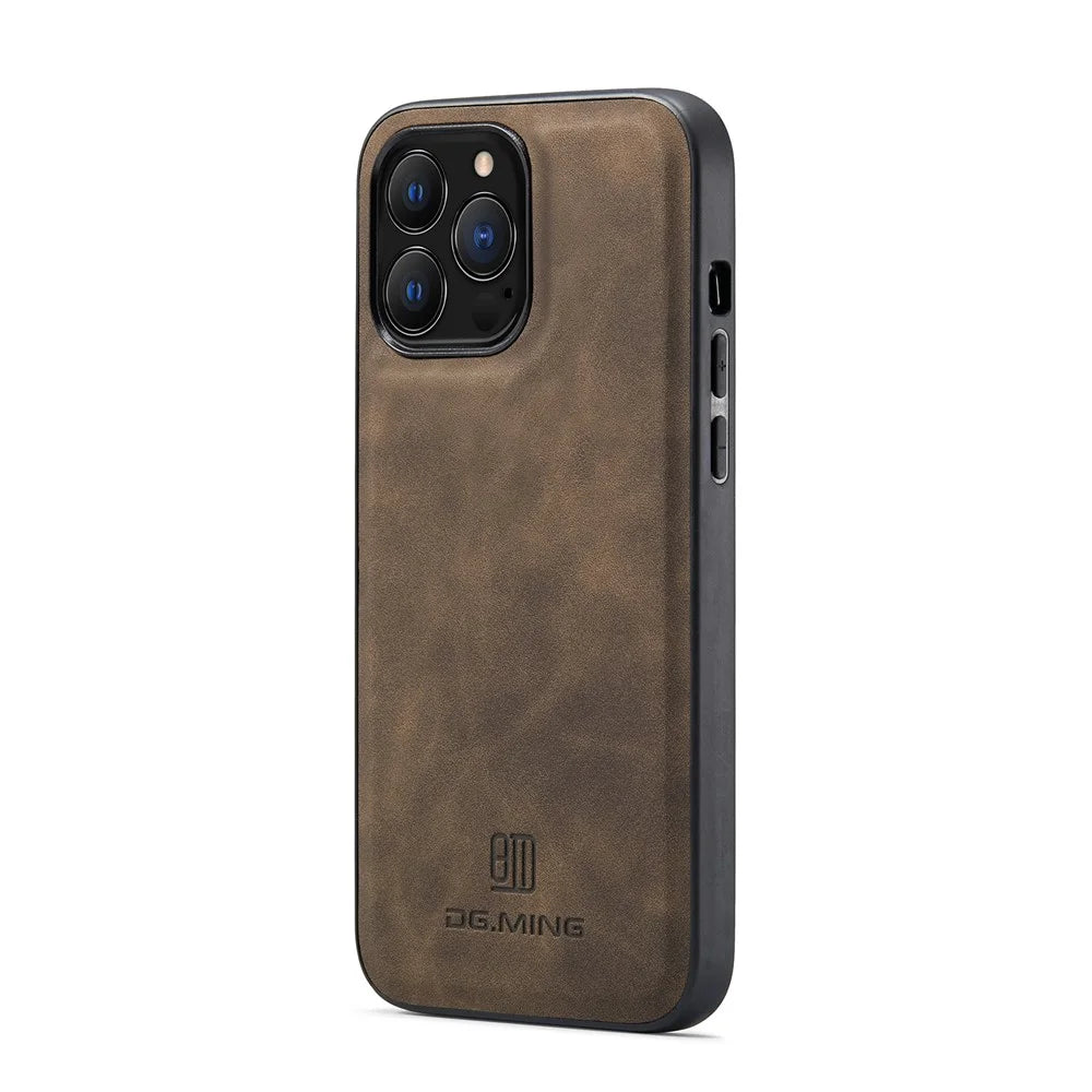 DG.MING For iPhone 16 Pro Case PU Leather Covered PC+TPU Hybrid Phone Shell - Coffee - 3