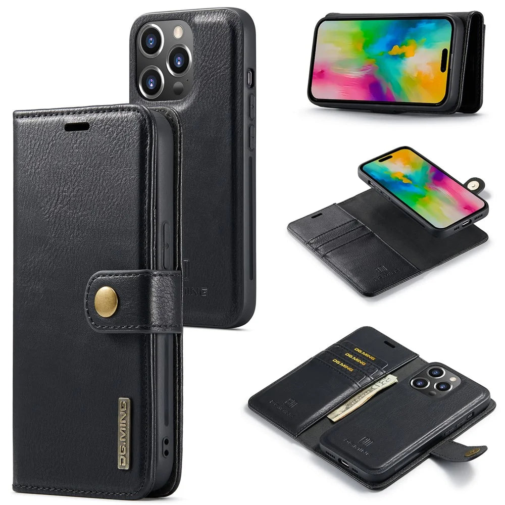 DG.MING for iPhone 16 Pro Case Detachable Split Leather Phone Cover - Black - 1
